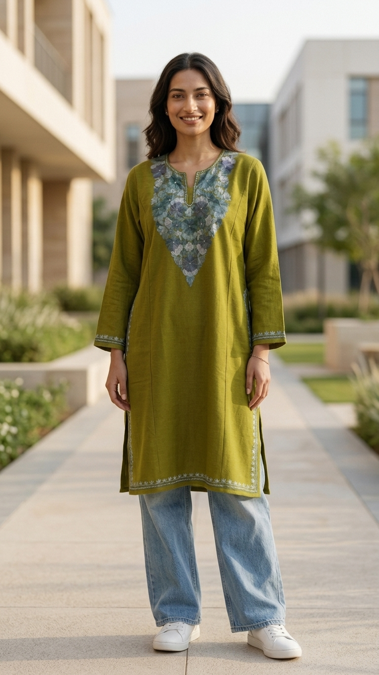 Heena Green Aari Embroidered Wool Pheran