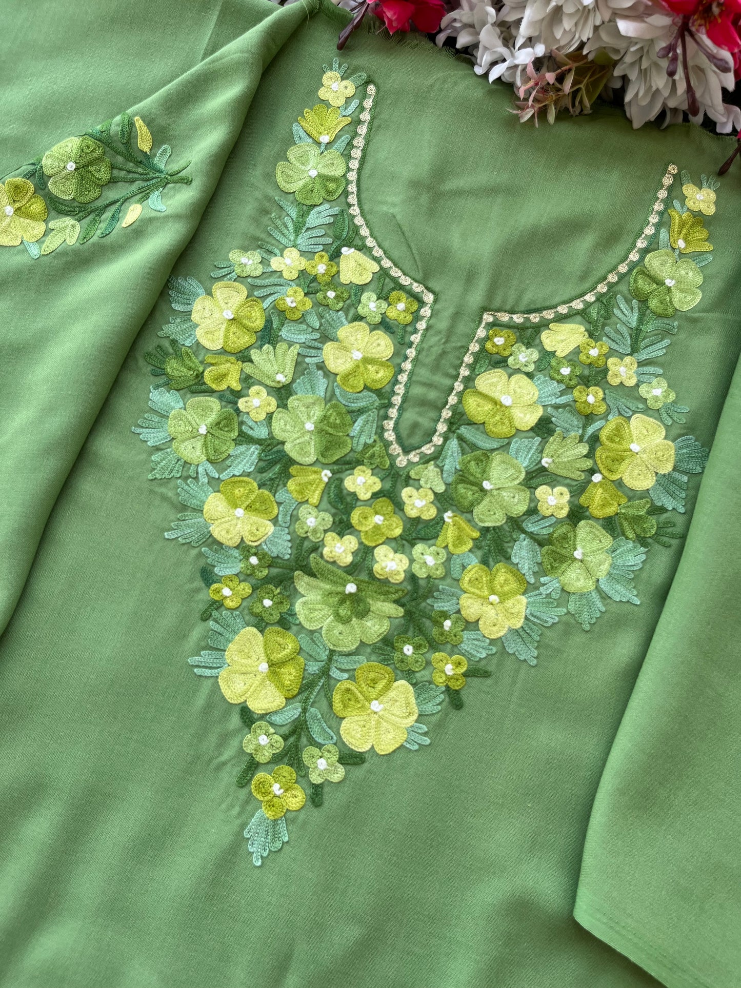 Pastel Green Aari Embroidered Cotton Suit Set