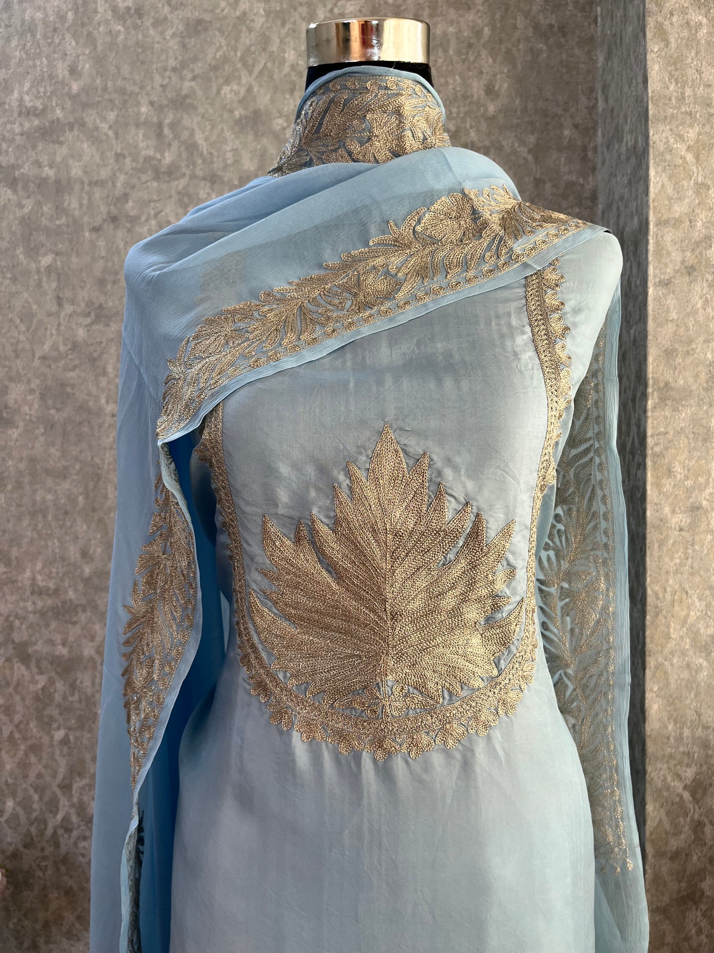 Ice Blue Sanam’ Tilla Kashmiri Silk Suit