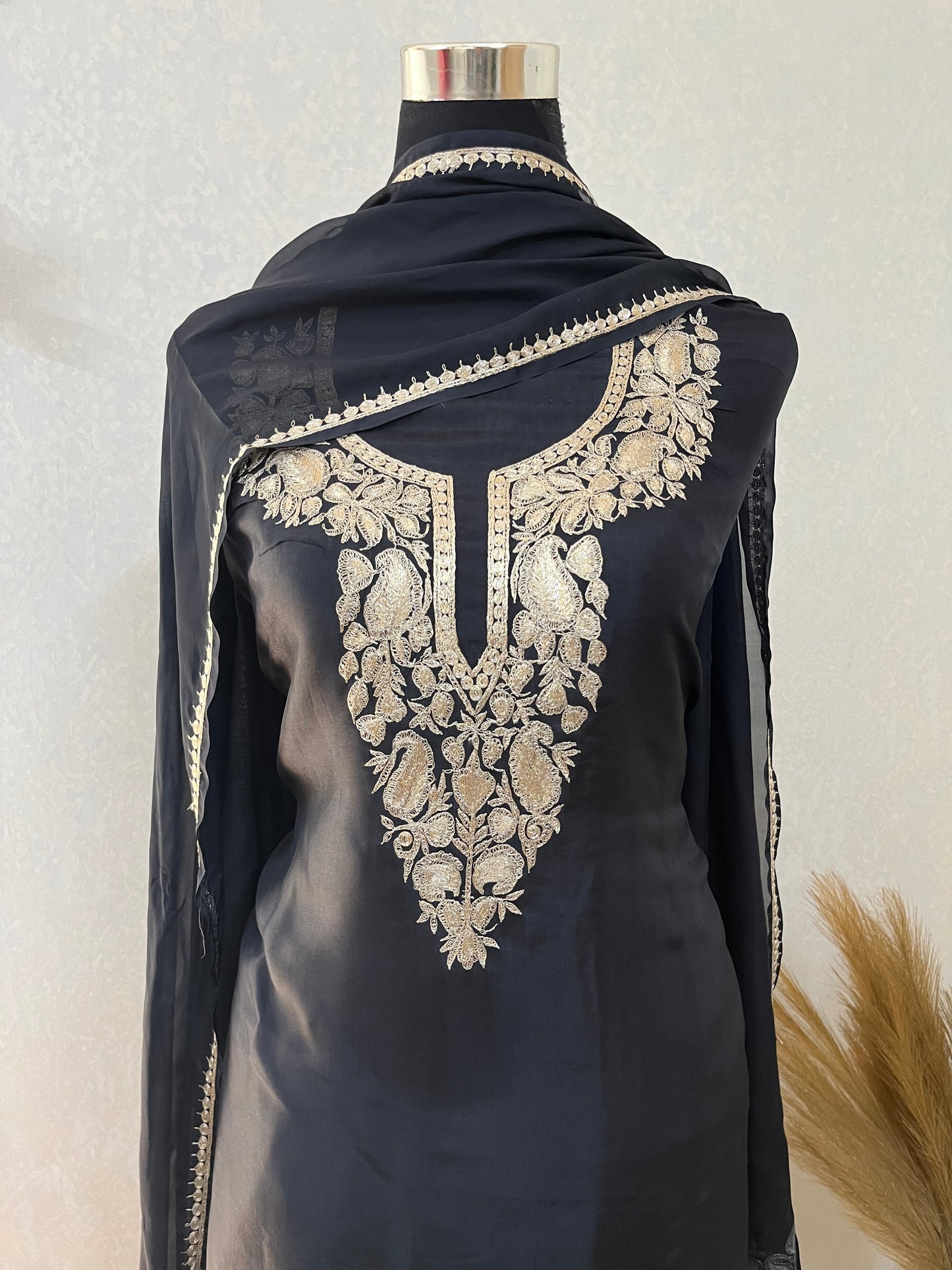 Black Silk Puff Tilla Embroidered Kashmiri Suit