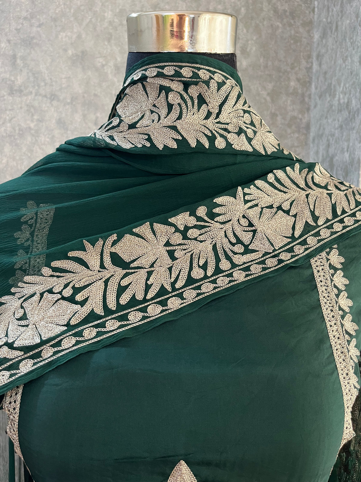 Bottle Green Sanam’ Tilla Kashmiri Silk Suit