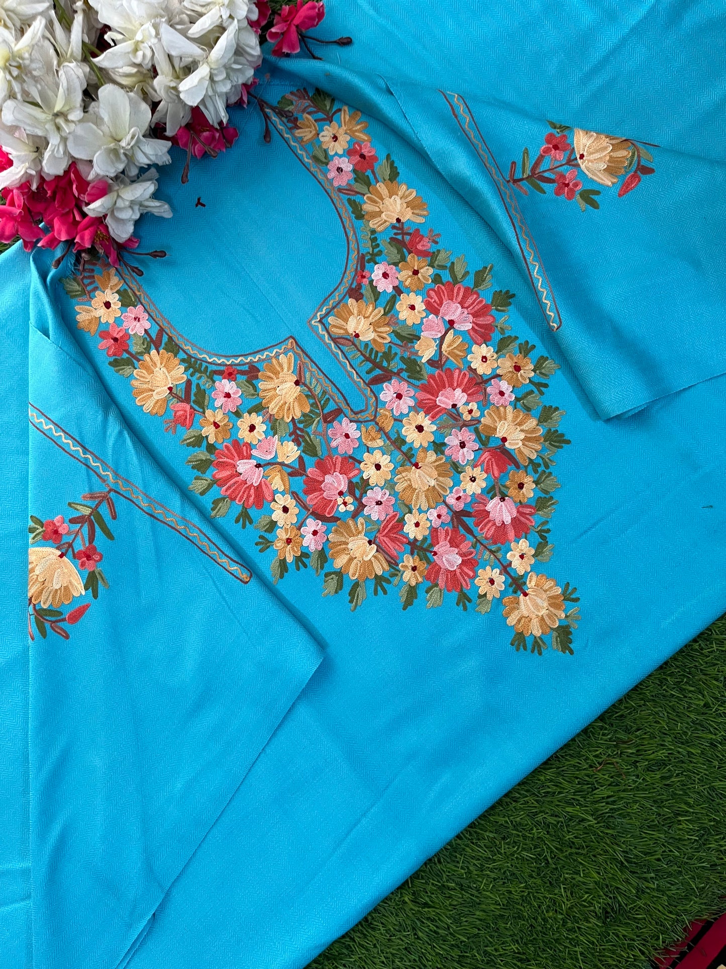 Sky Blue Woollen Aari Embroidered 2pc suit 5mtr