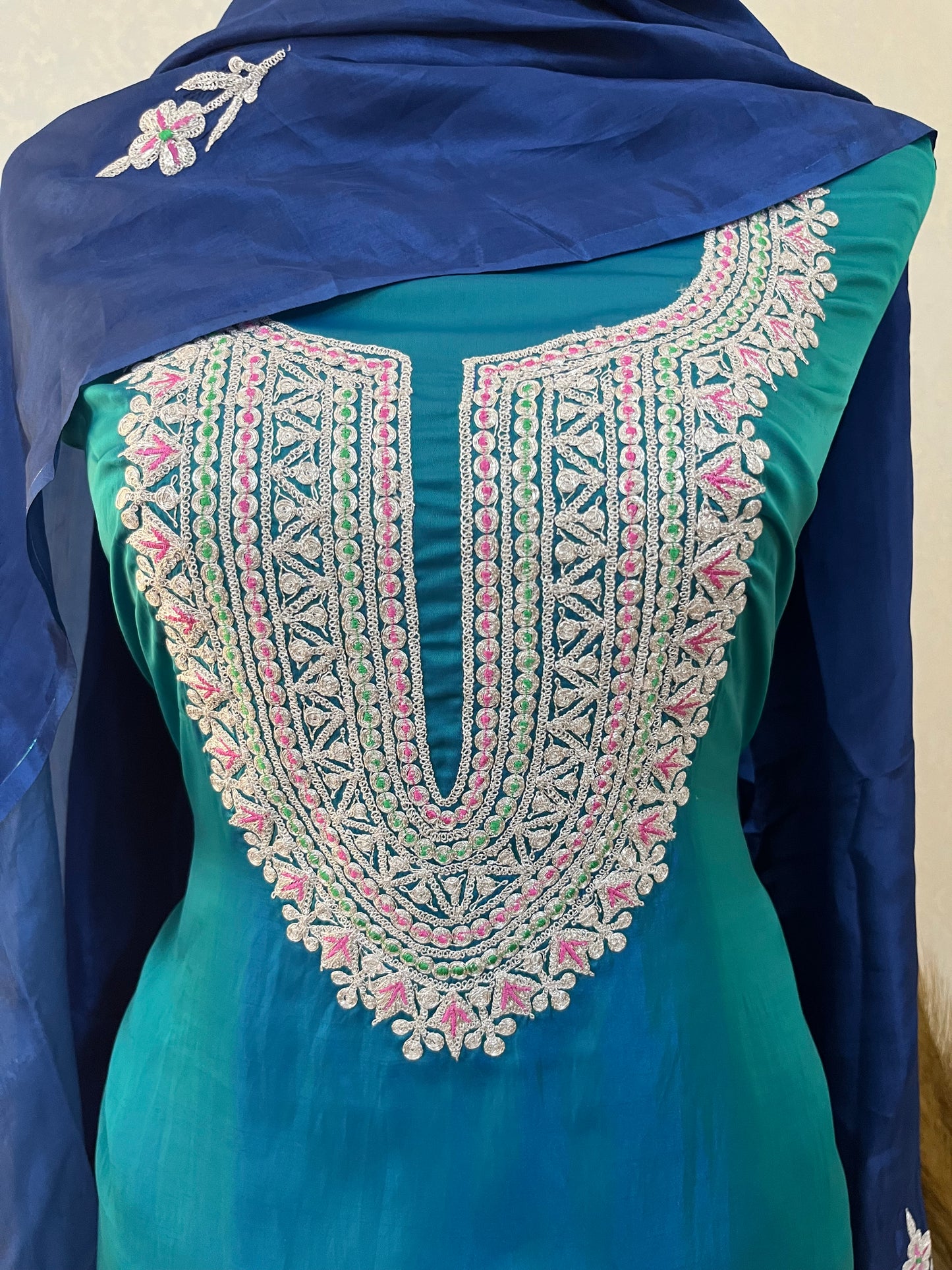 Firozi Silk Puff Tilla Embroidered Suit