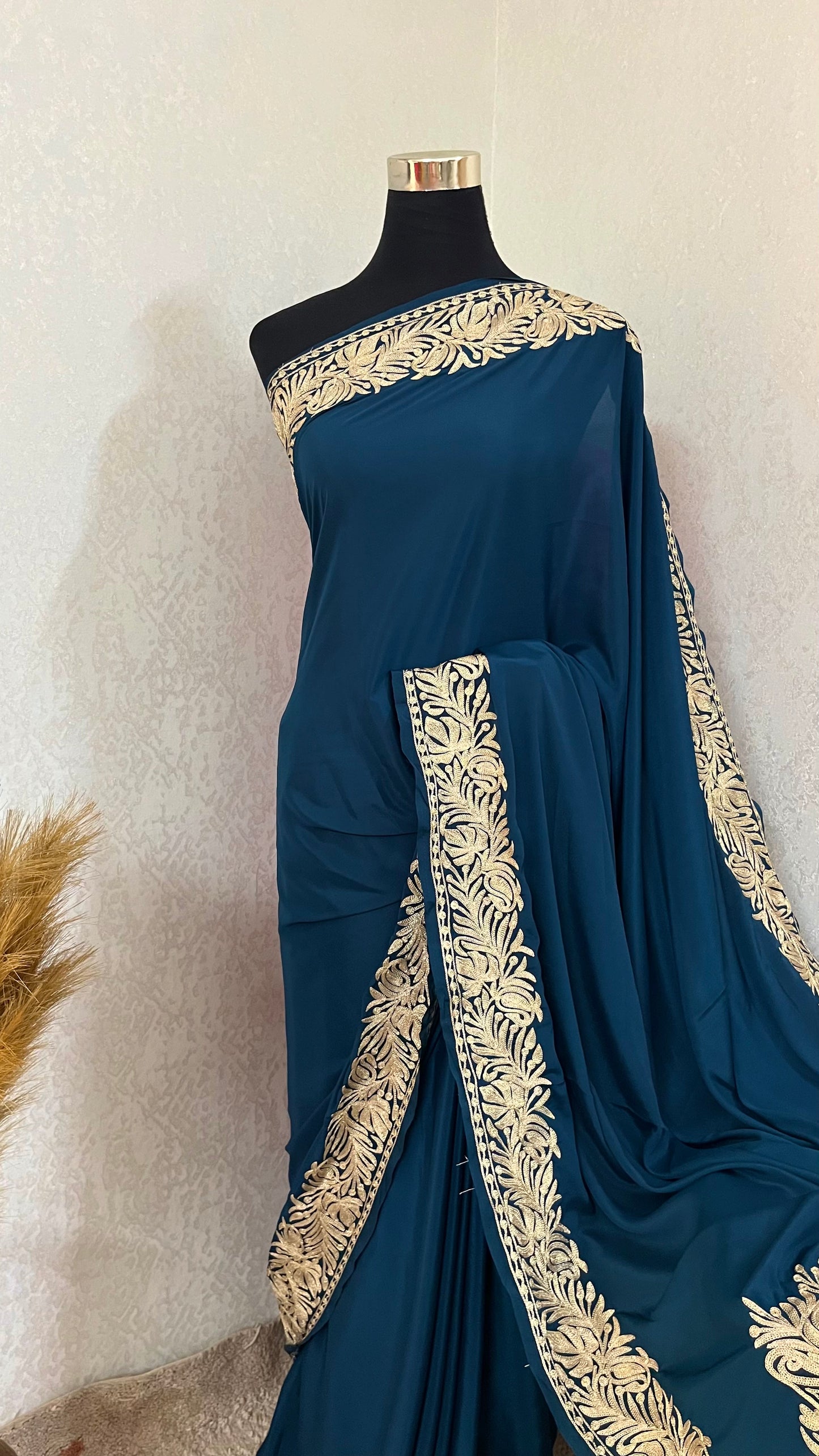 Teal Blue Crape Kashmiri Tilla Saree