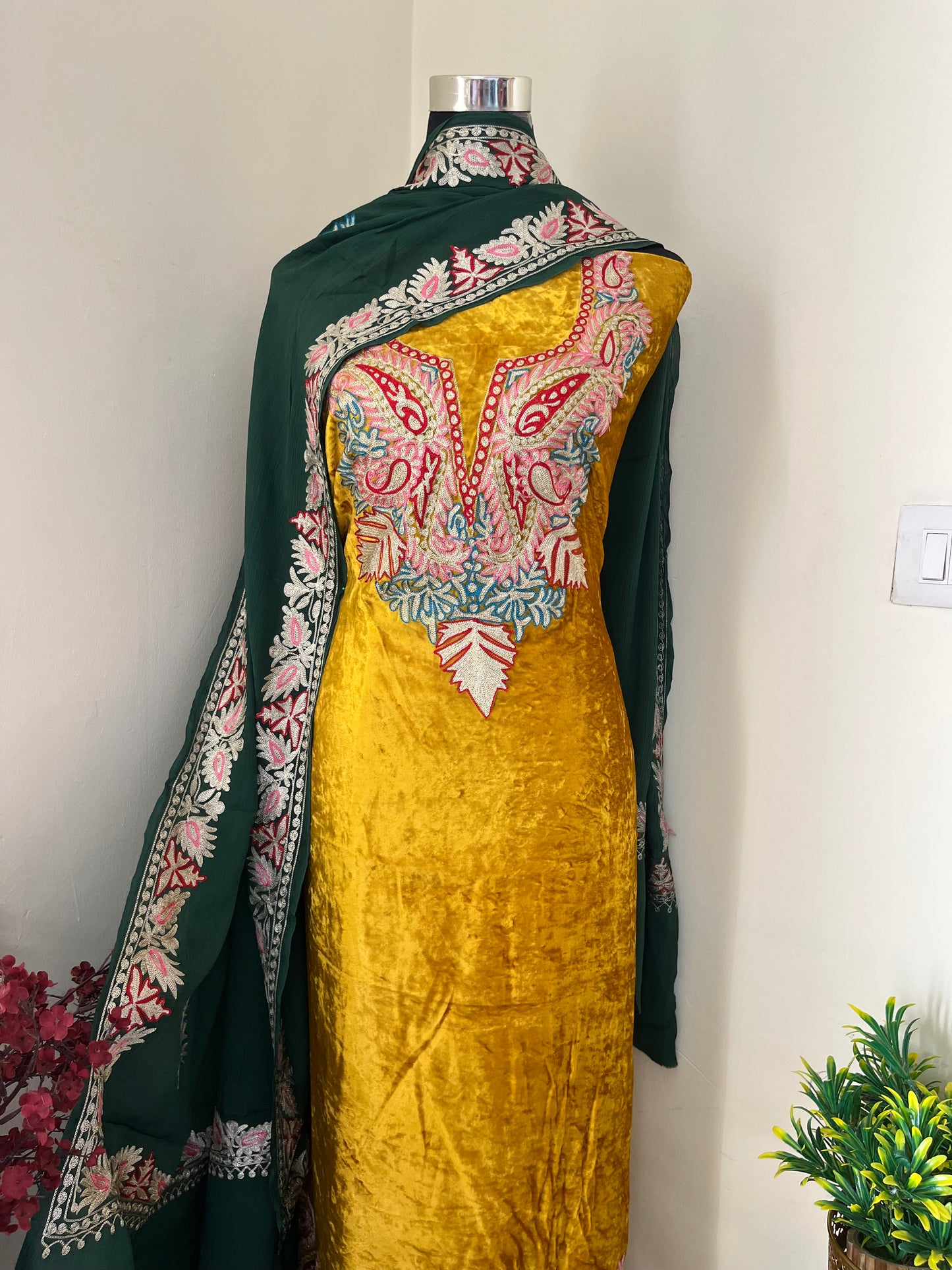 Golden Yellow Tilla Embroidered Pure Makhmal 3pc Suit Material