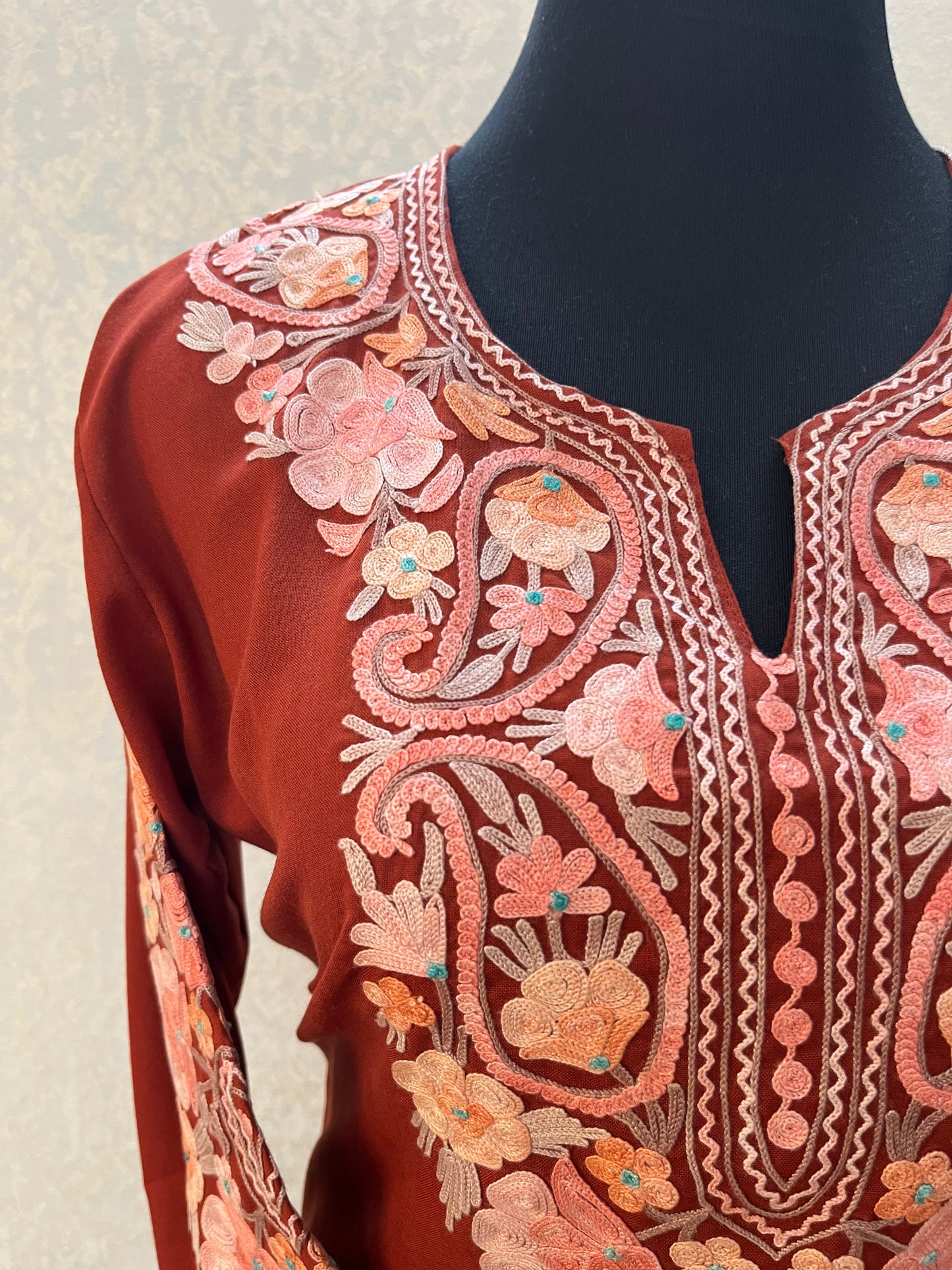Rust Cotton Aari Work Kurta