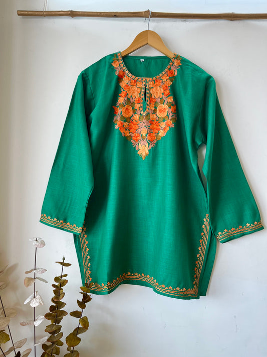 Green Cotton Aari Work Kurta