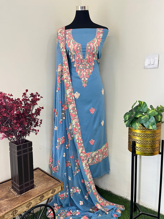 English Grey Rayon Cotton Kashmiri 3pc set