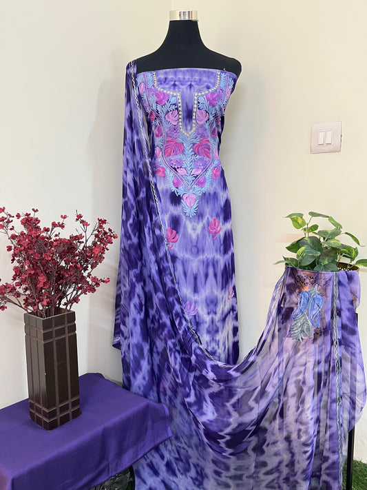 Violet Pure Georgette Aari Embroidered Suit