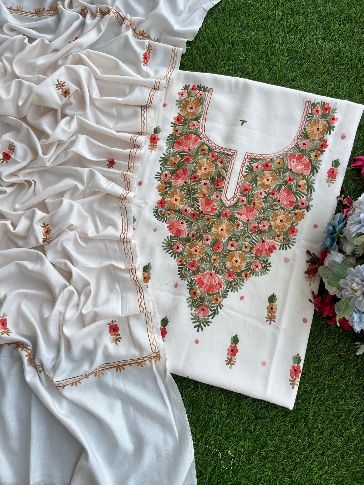 Off White Woollen Aari Embroidered 3pc suit