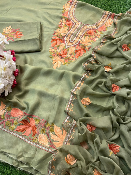 Pista Green Opada Silk Aari Embroidered Suit material