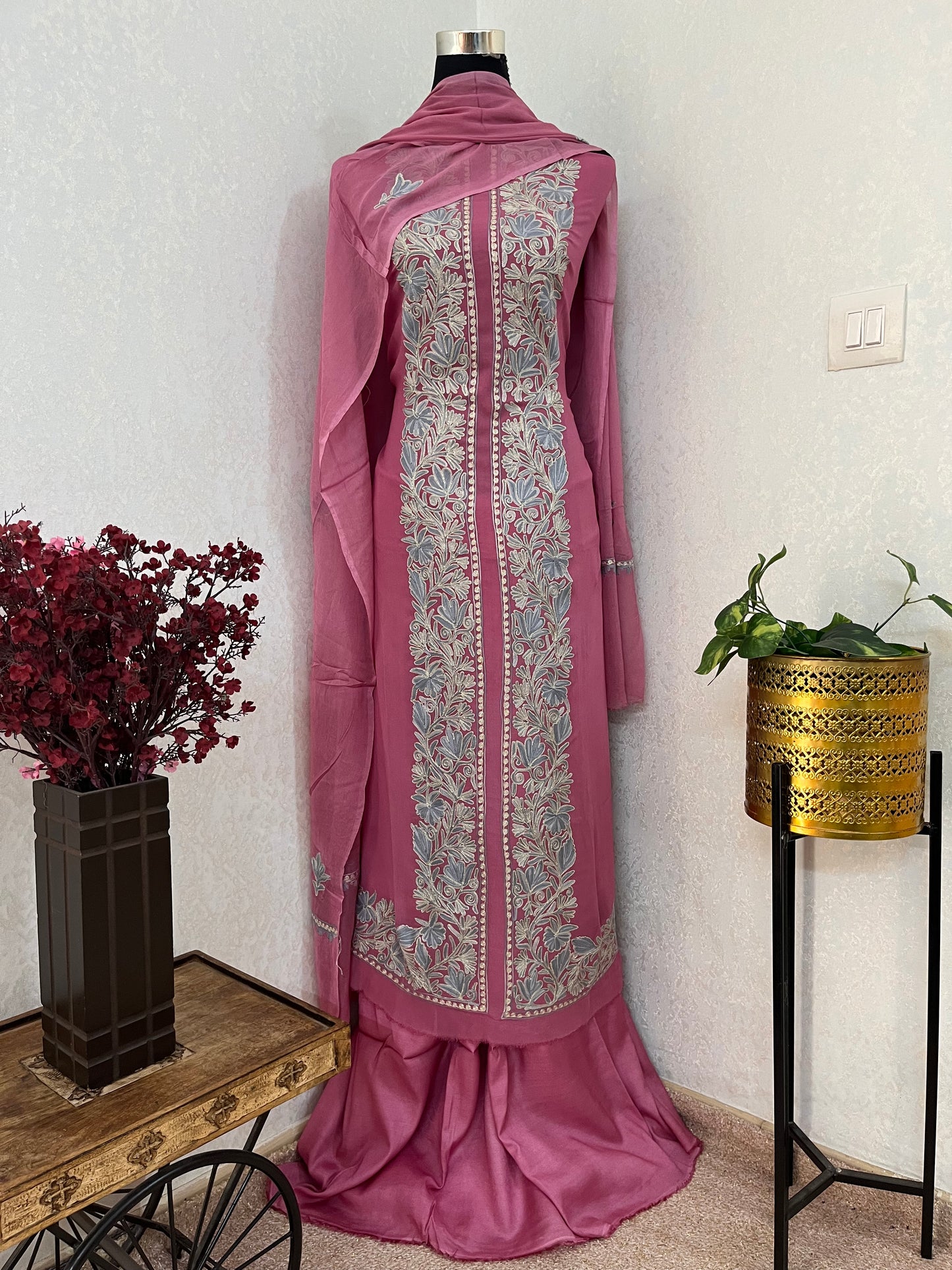 Soft Pink Pure Georgette Achkan Kashmiri Suit