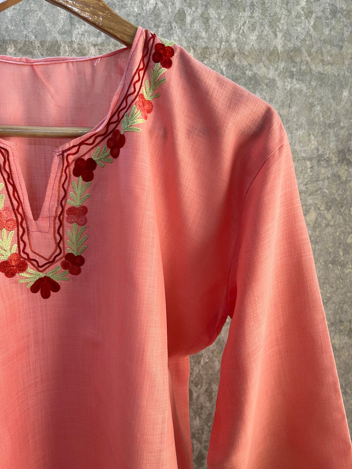 Peach Pink Cotton Aari Work Kurta