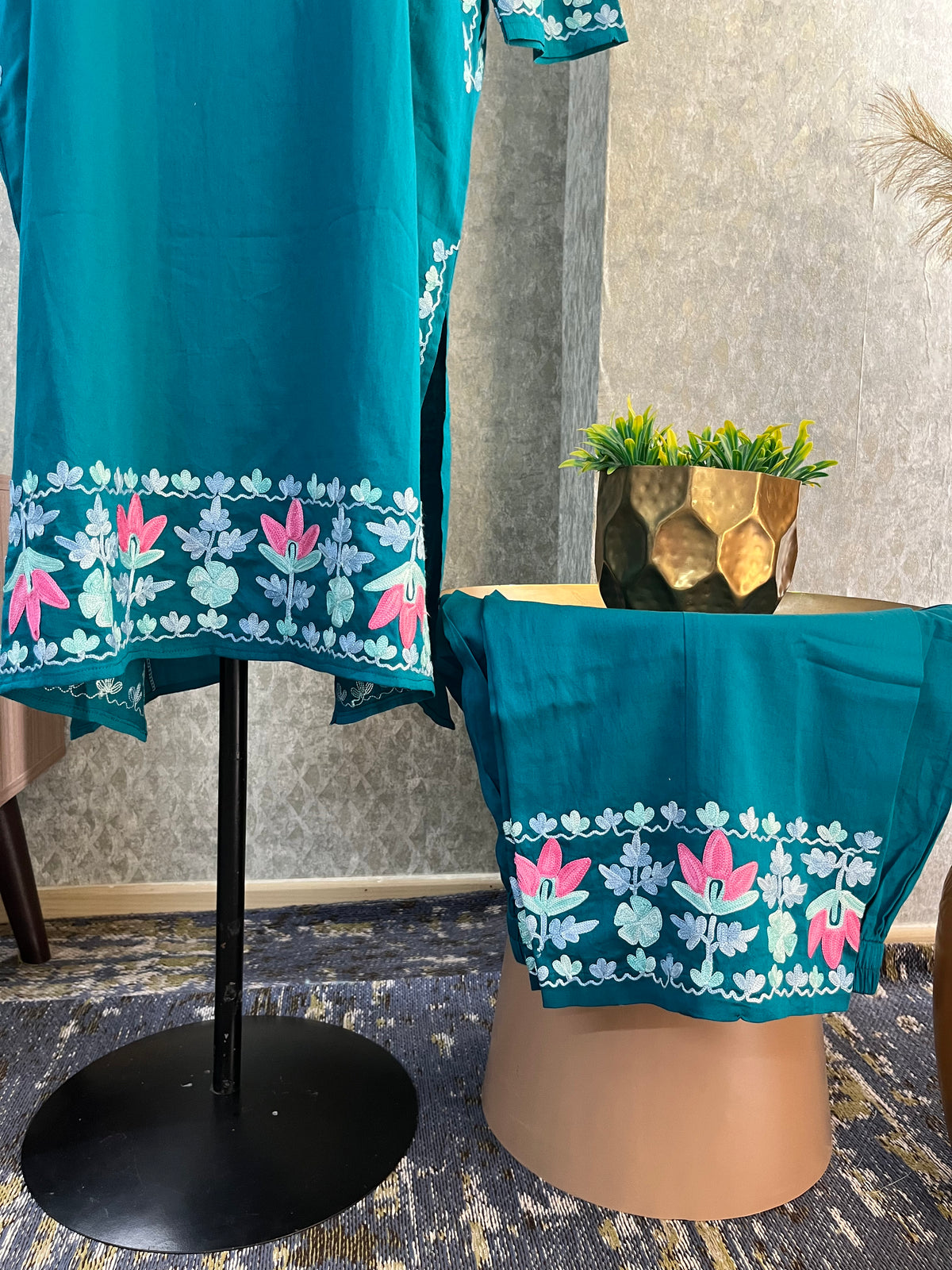 Blue Cotton Front Jaal Pheran Set  Size(44)