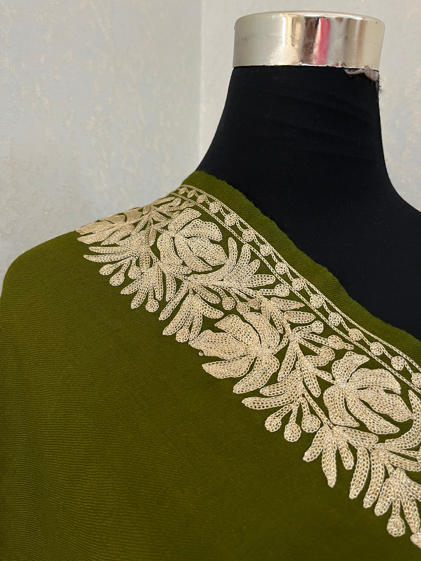 Army Green Semi Pashmina Tilla Embroidered stole