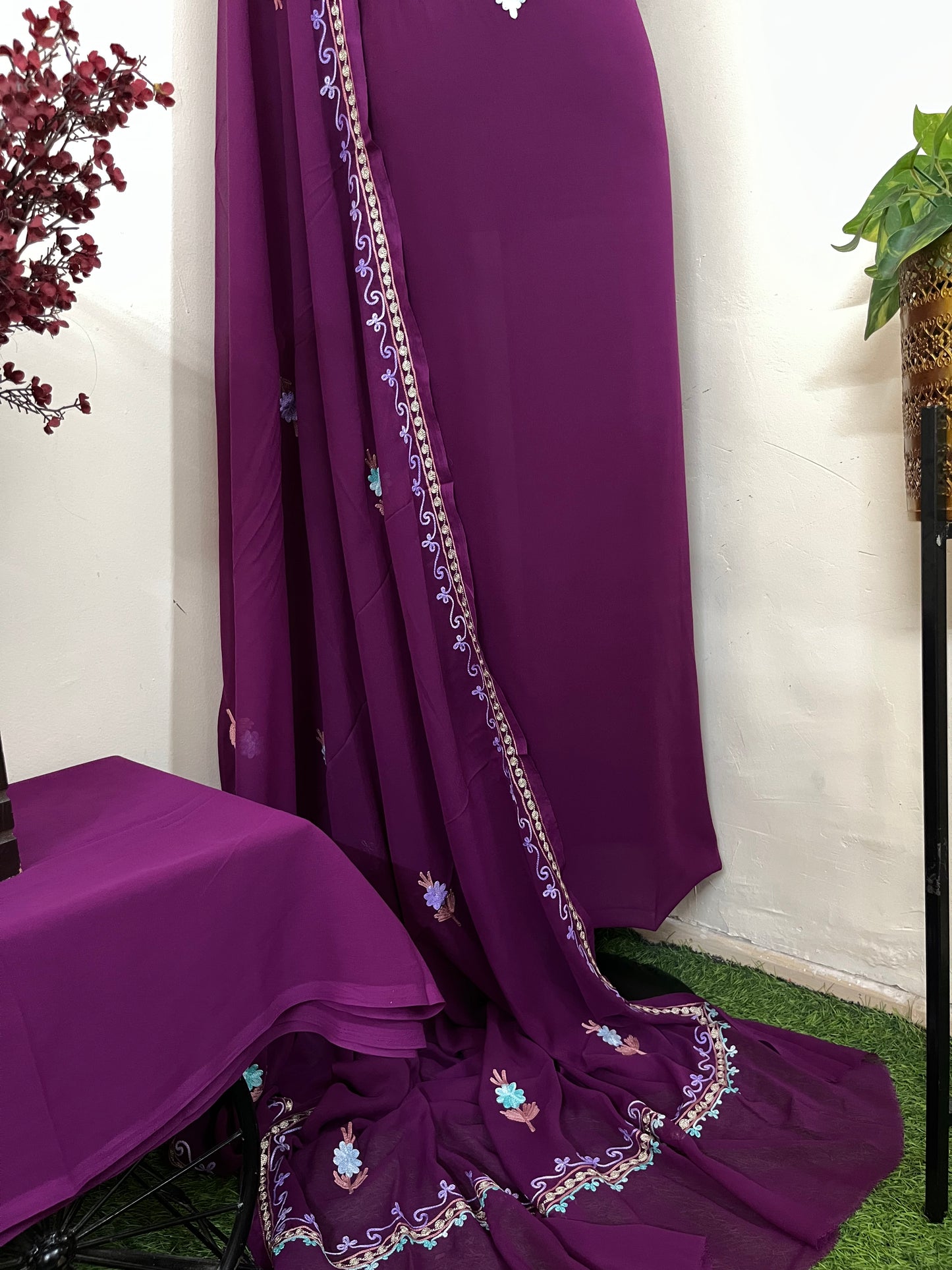 Wine Georgette 3 Pc Aari Embroidered Suit Set