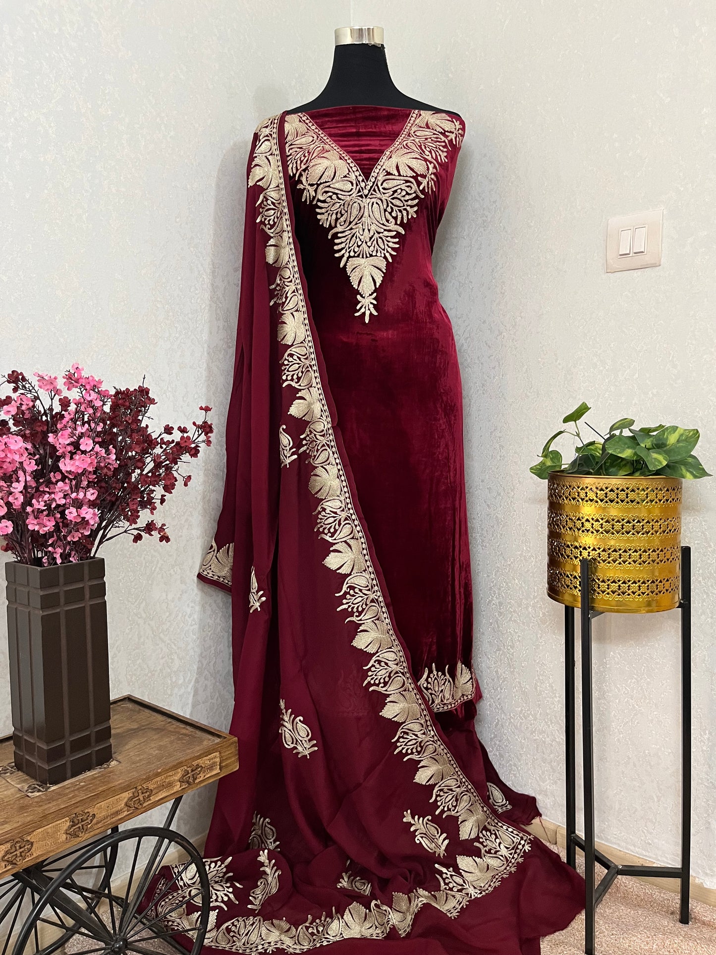 Maroon Tilla Makhmal 3pc Suit
