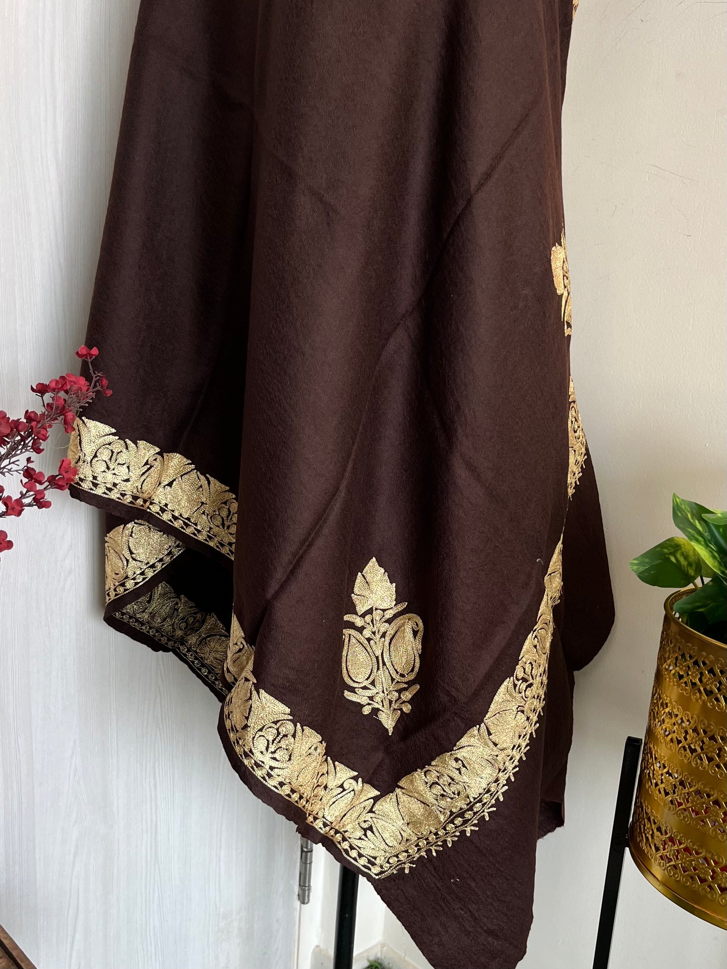 Coffee Brown Fine Semi Pashmina Tilla Embroidered stole