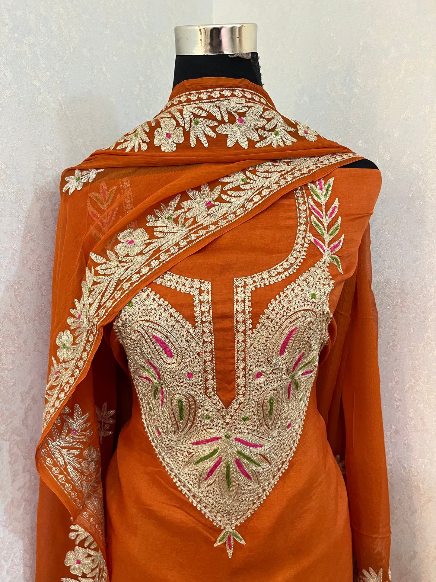 Dull Orange Opada Silk Kashmiri Suits