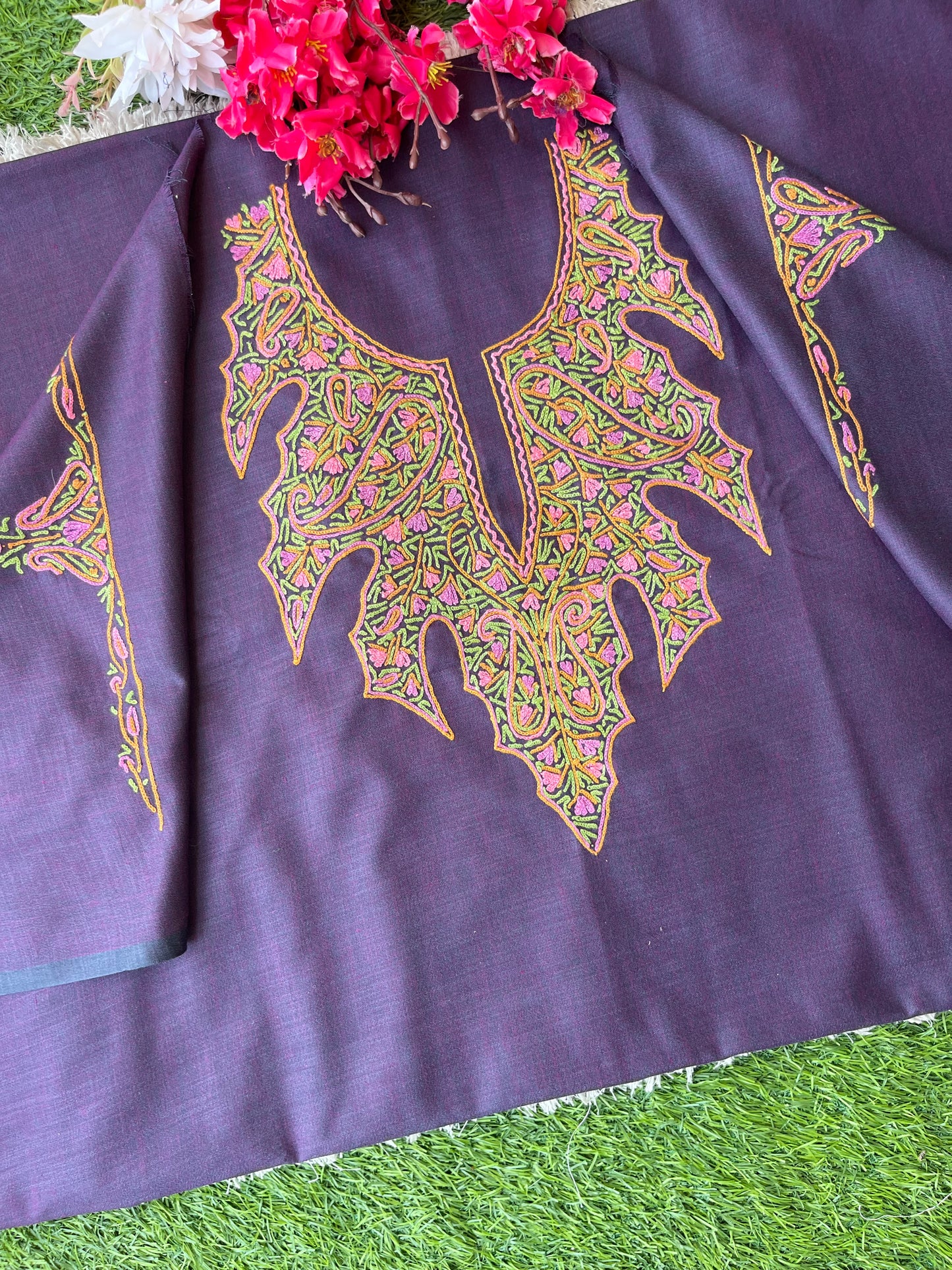 Blackish Purple Cotton Two Piece Suit (Hand Embroidered)