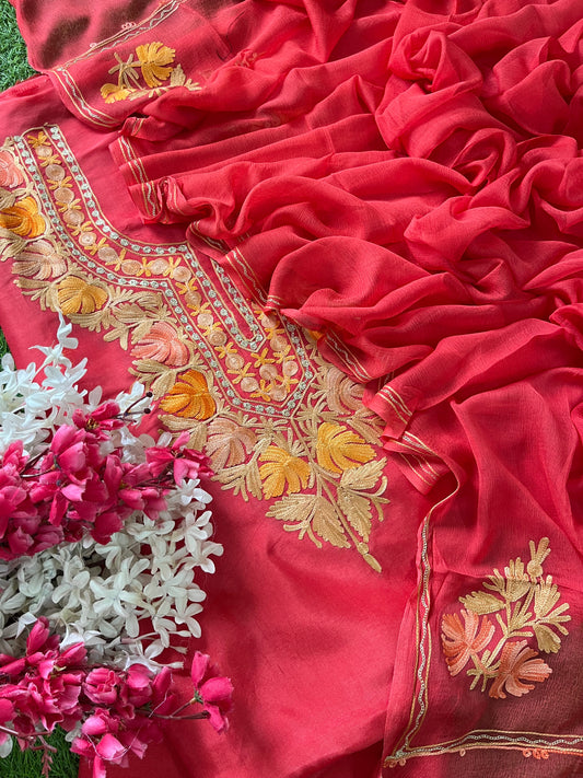 Blush Red Opada Silk Kashmiri Suit