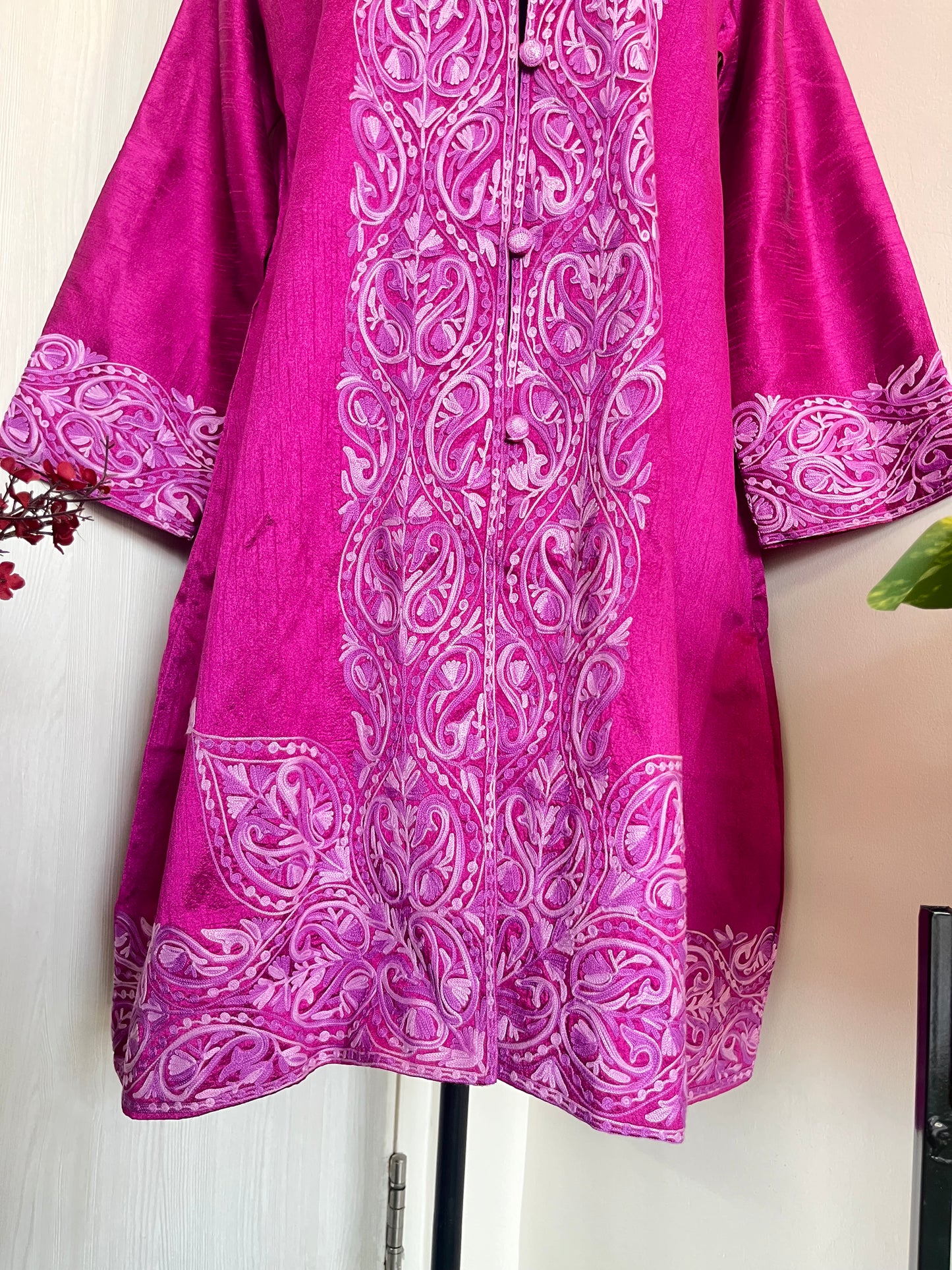 Hot Pink Aari  Embroidered Silk Jacket XXL