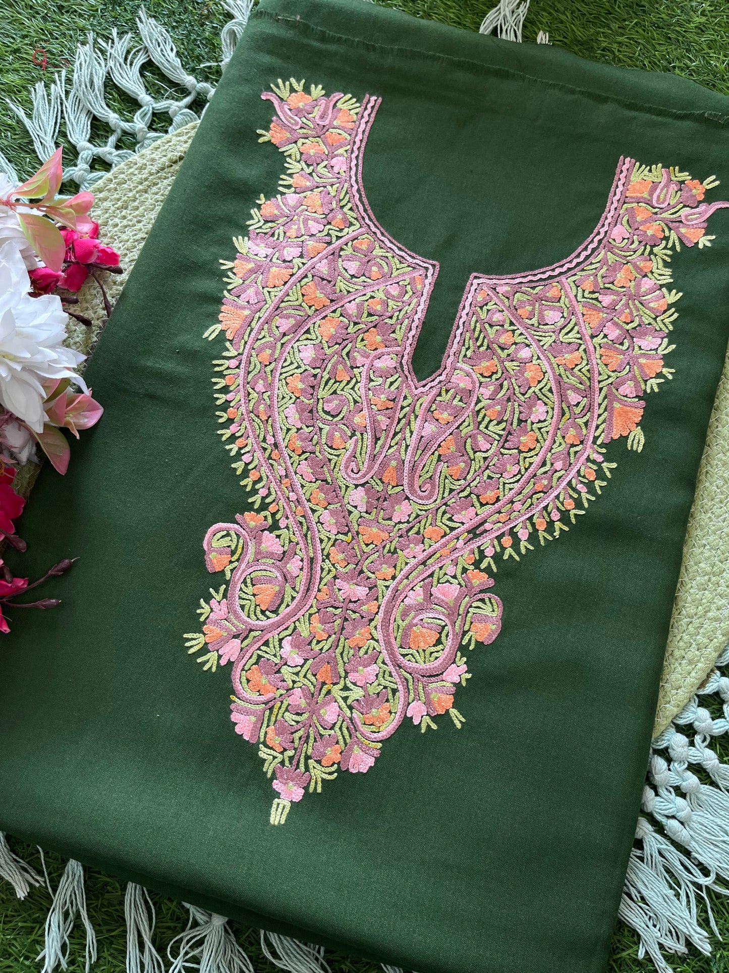 Bottle Green Cotton Two Piece Suit (Hand Embroidered)