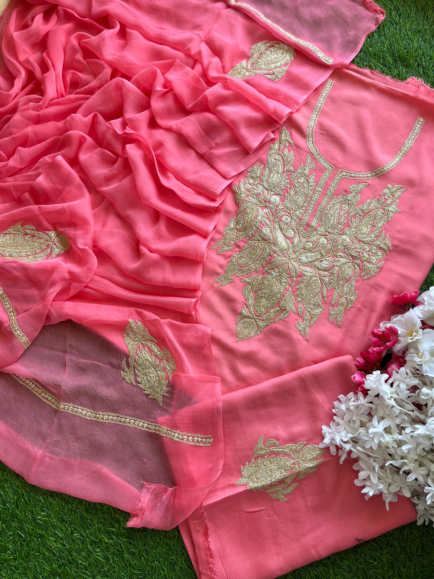 ‘Kalaa’ Peach Muslin Silk Tilla Embroidered Suit material