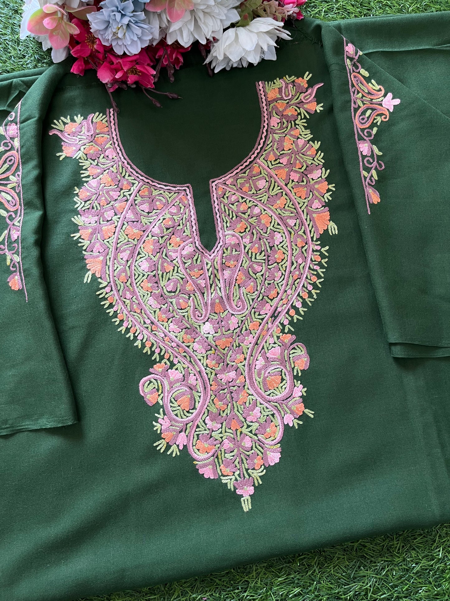 Bottle Green Cotton Two Piece Suit (Hand Embroidered)
