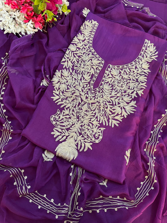 Purple Silk Tilla Kashmiri Suit