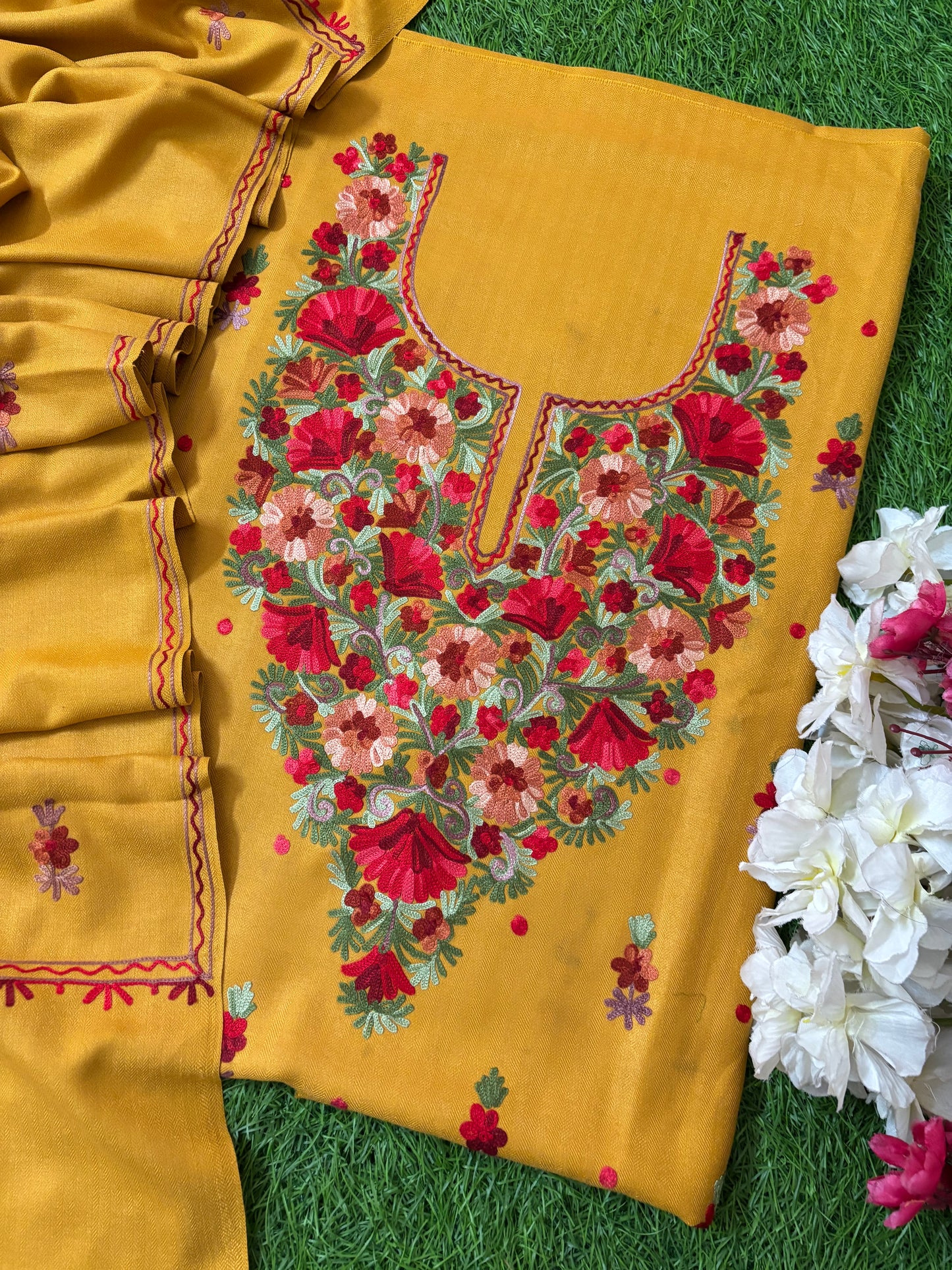 Golden Yellow Woollen Aari Embroidered 3pc suit