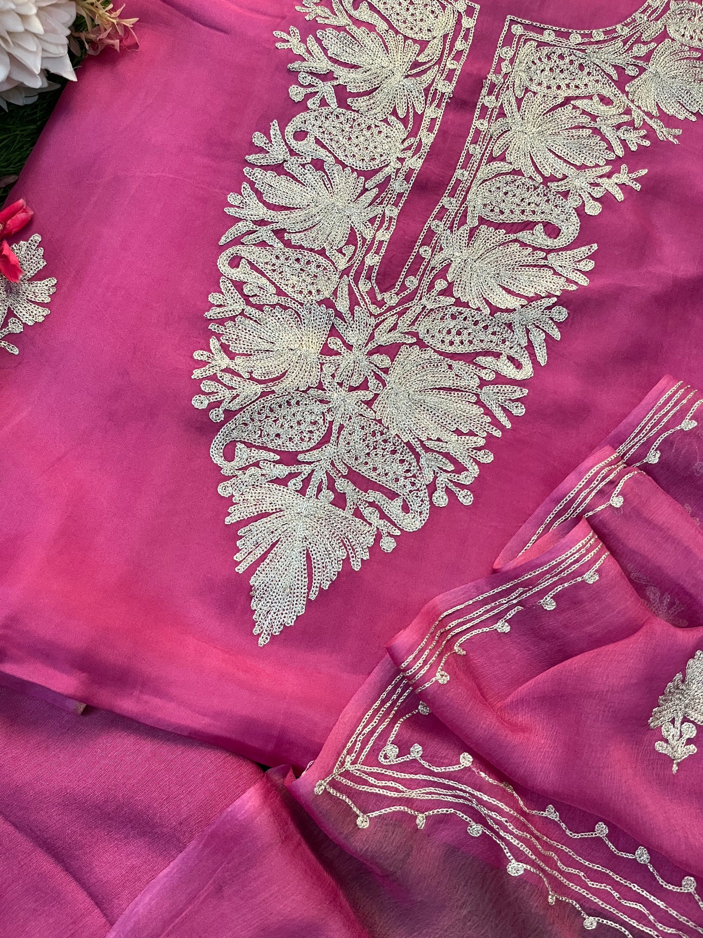 Rose Pink Silk Tilla Kashmiri Suit