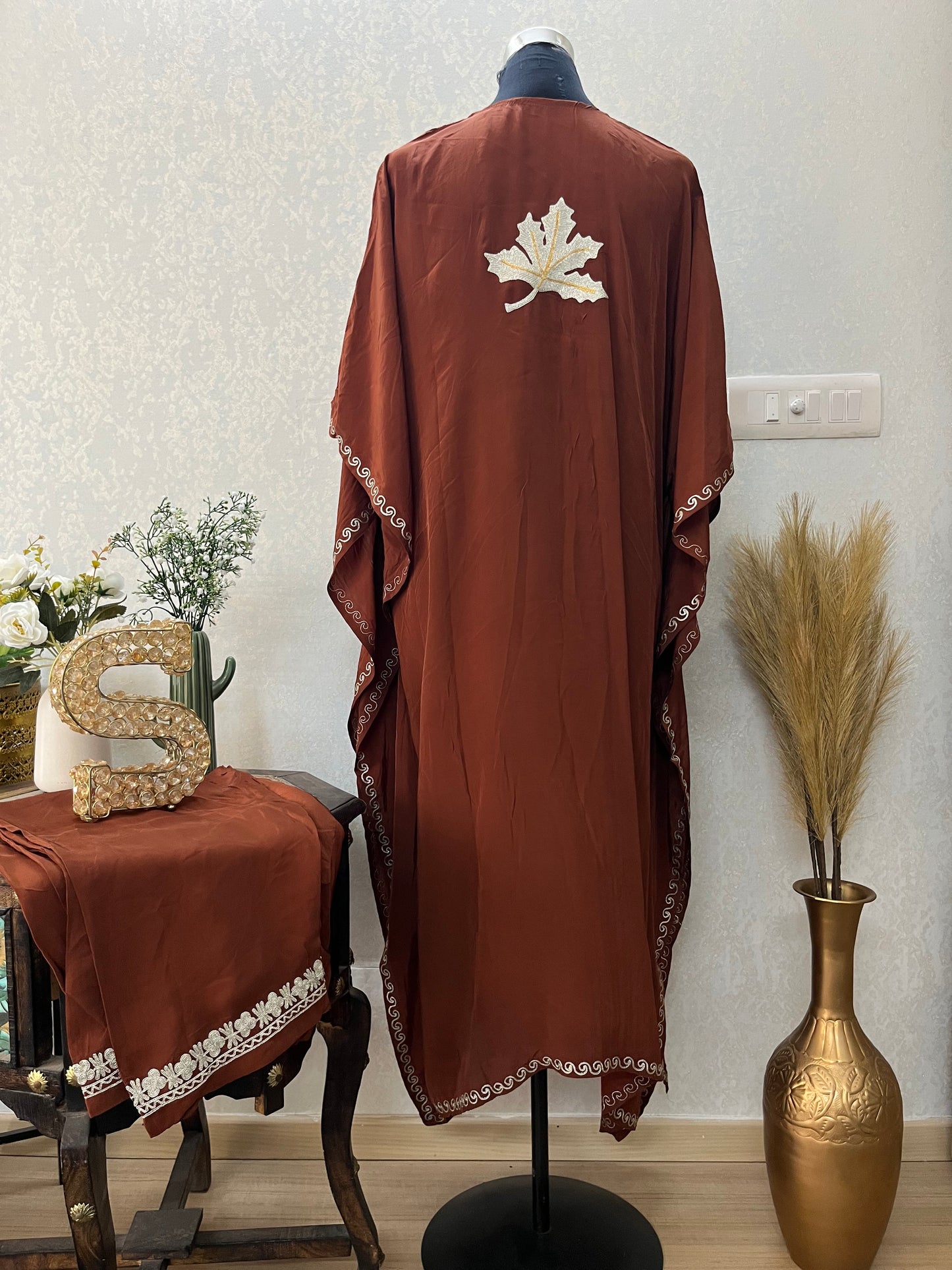 Brown Crape Kashmiri Kaftan Set