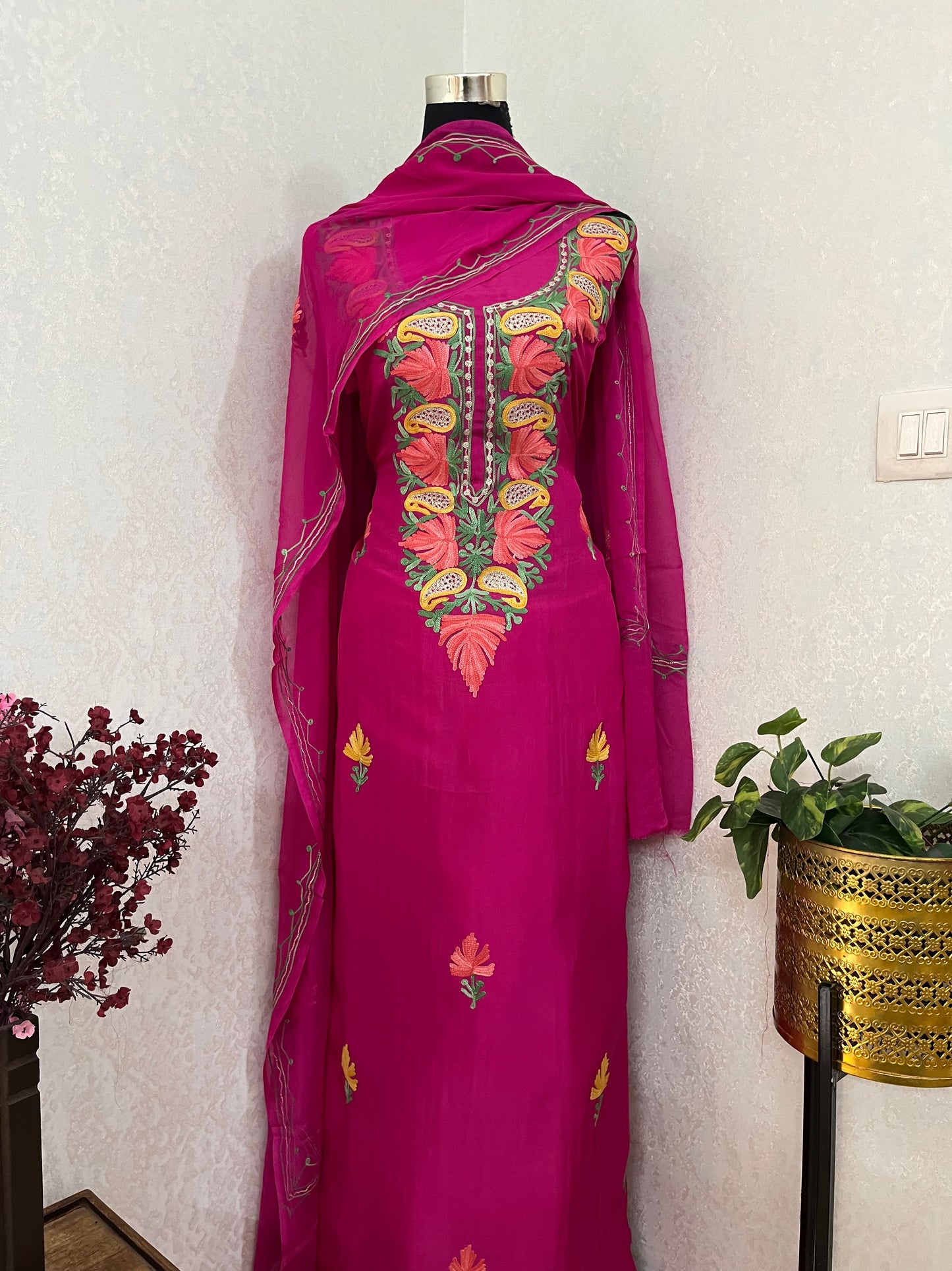 Hot Pink Opada Silk Kashmiri Suits