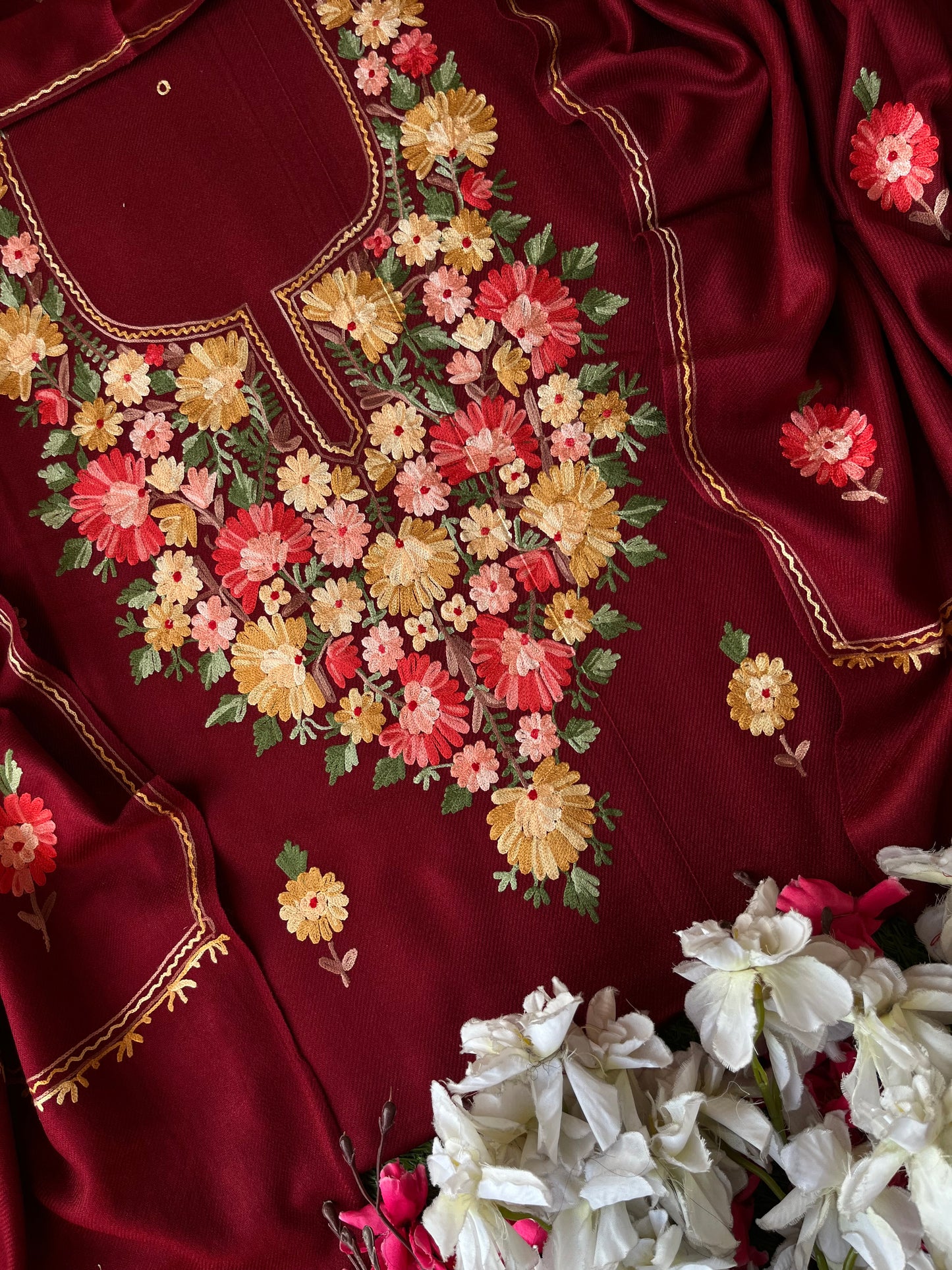 Maroon Woollen Aari Embroidered 3pc suit
