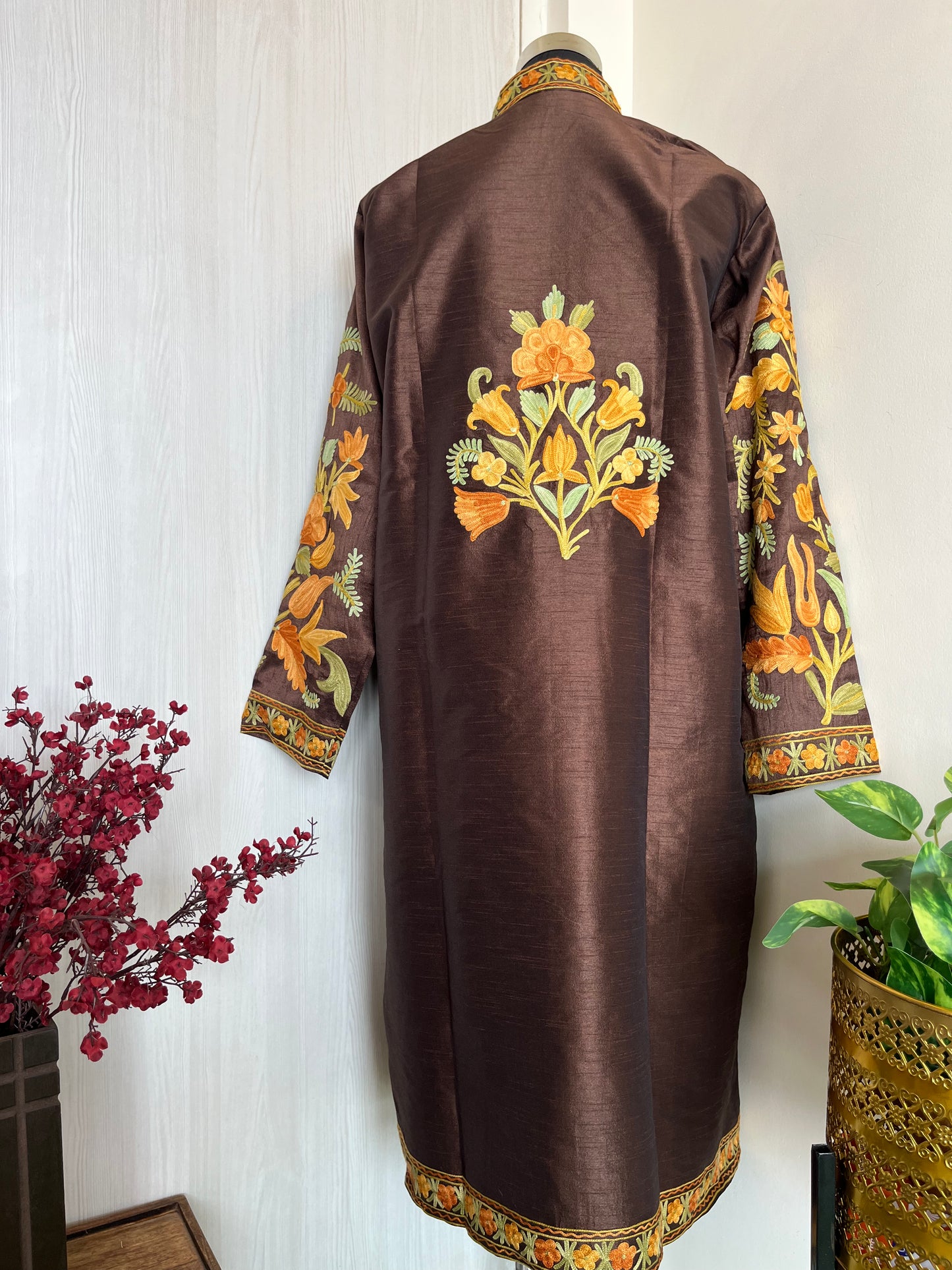 Chocolate Brown Aari  Embroidered Silk Jacket