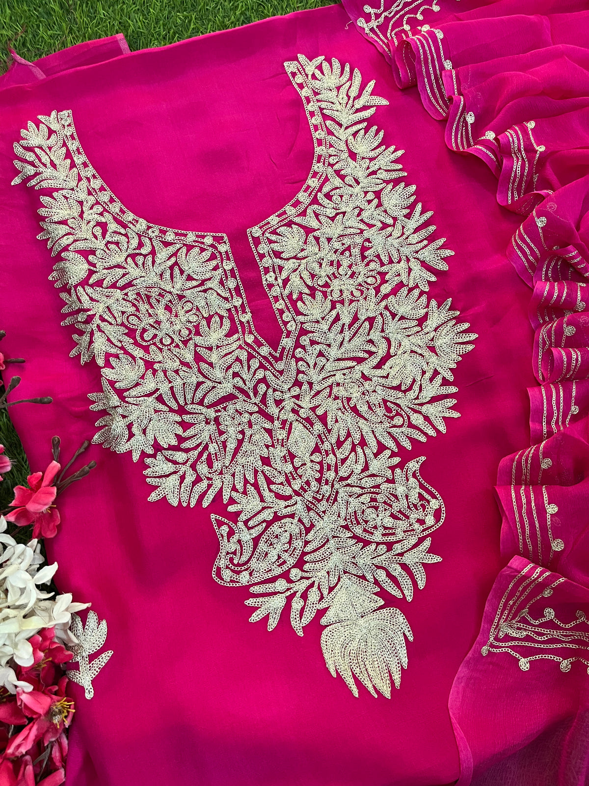 Hot Pink Silk Tilla Kashmiri Suit