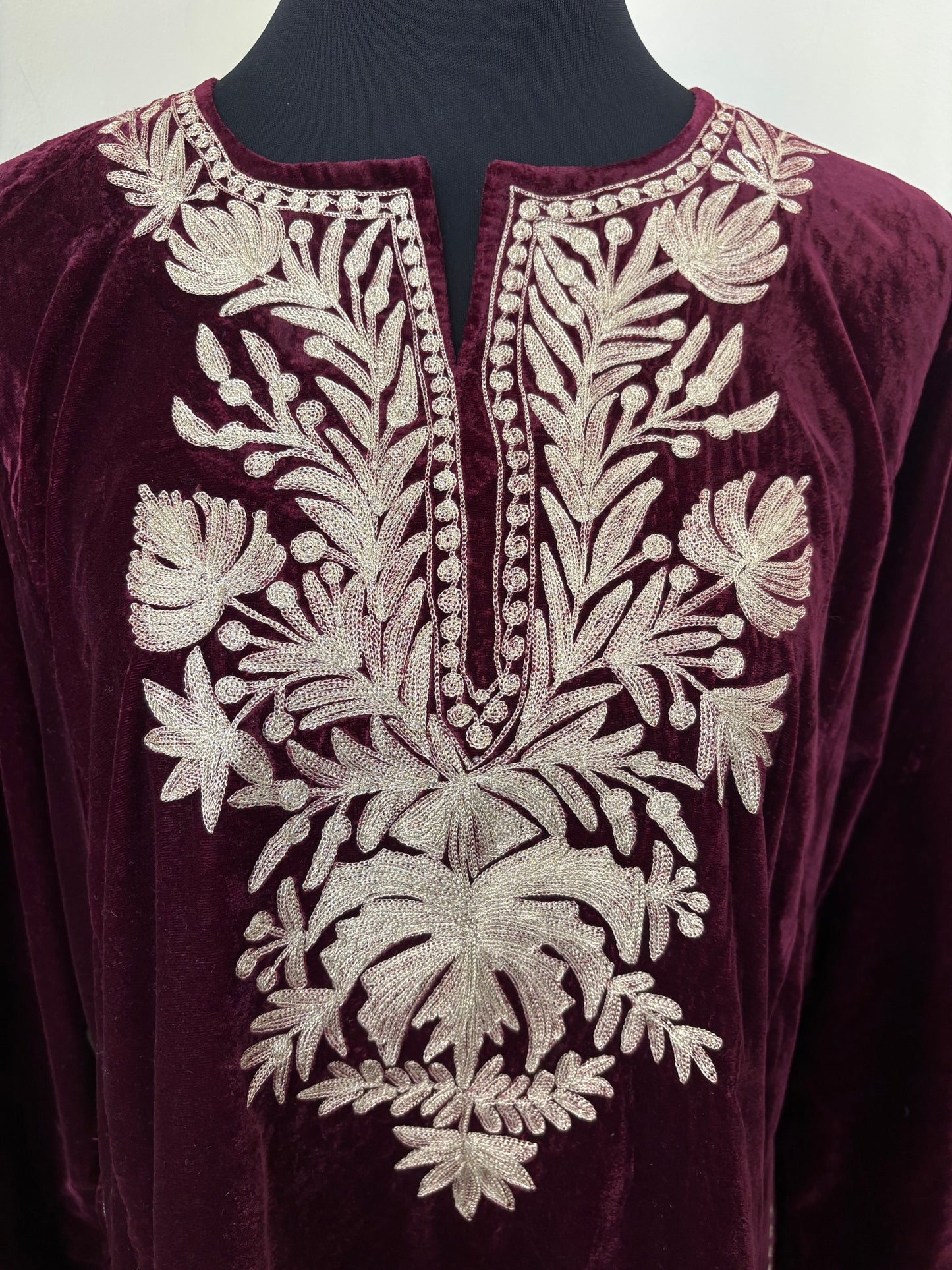 Wine Tilla Embroidered Velvet Pheran