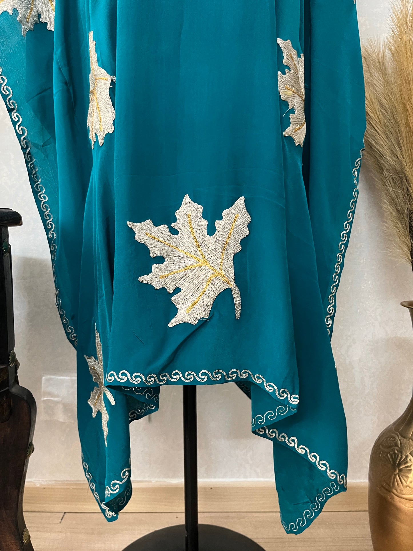 Firozi Crape Kashmiri Kaftan Set