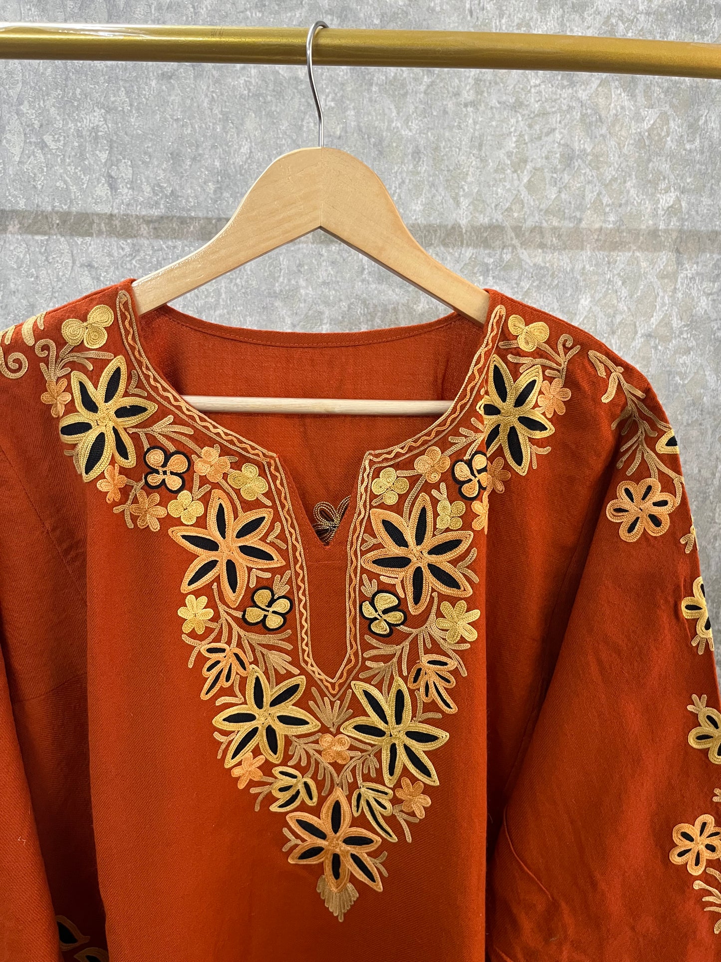 Rust Aari and Sozni Hand Embroidered Pure Wool Pheran