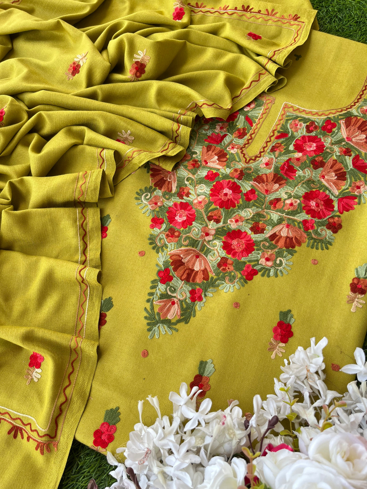 Lemon Green Woollen Aari Embroidered 3pc suit
