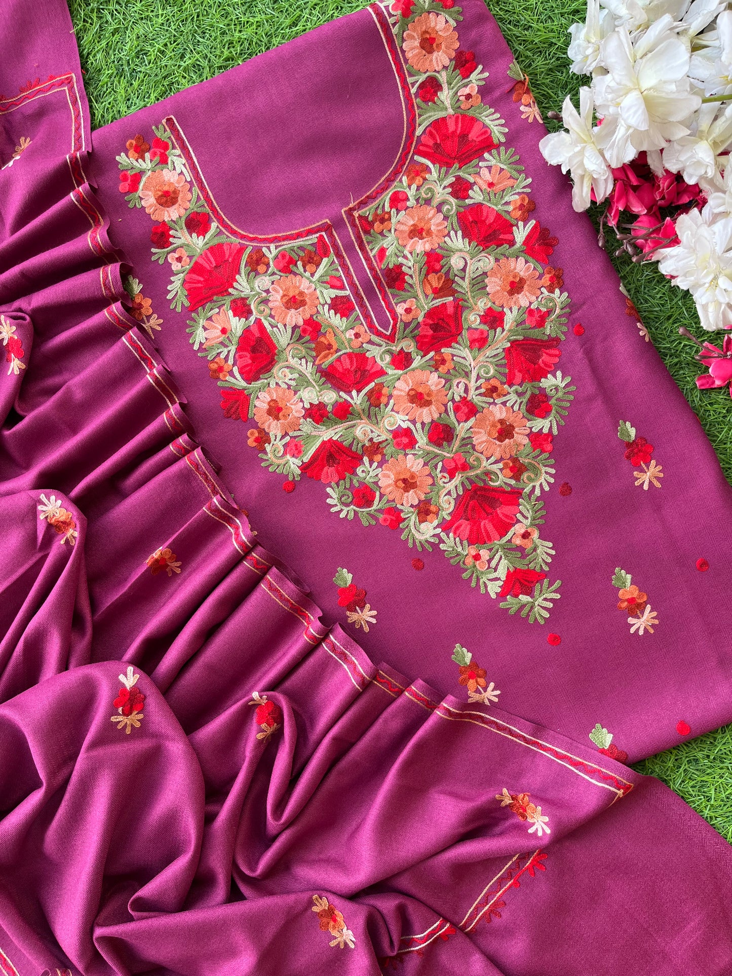 Wine Woollen Aari Embroidered 3pc suit