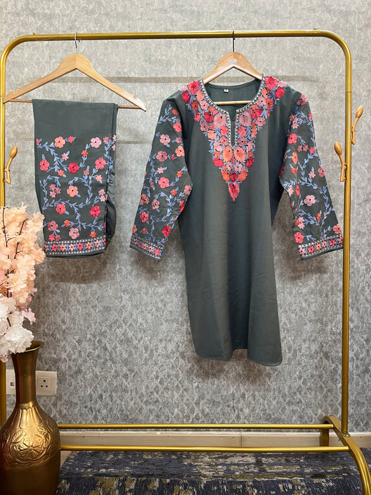 Grey Woollen Kashmiri Co-Ord Set ( Size 42 )