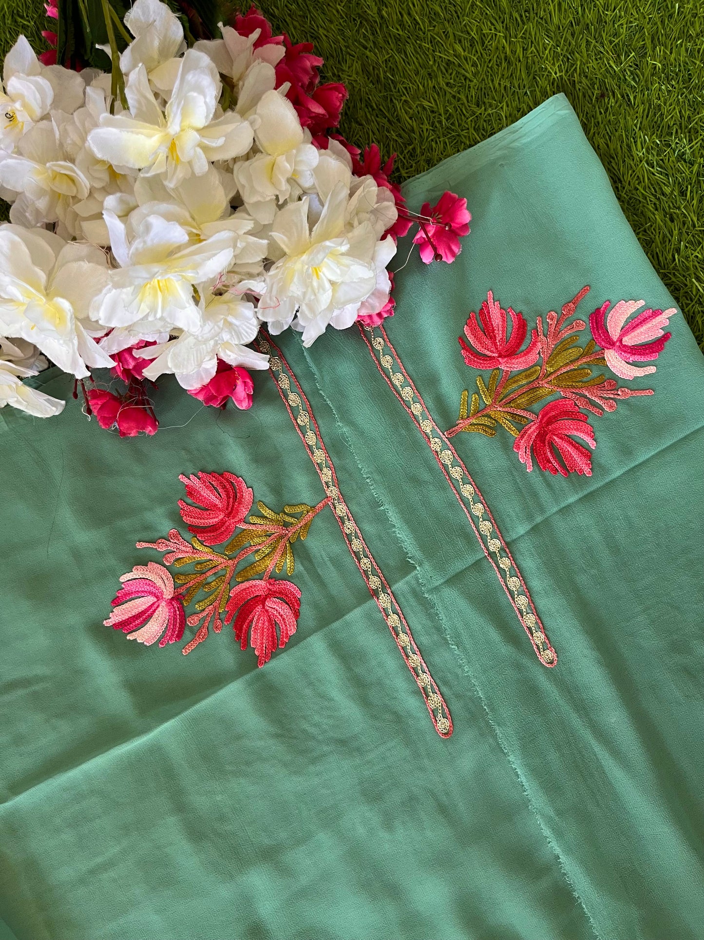 Sea Green Georgette Shirt and Dupatta Aari Embroidered Suit