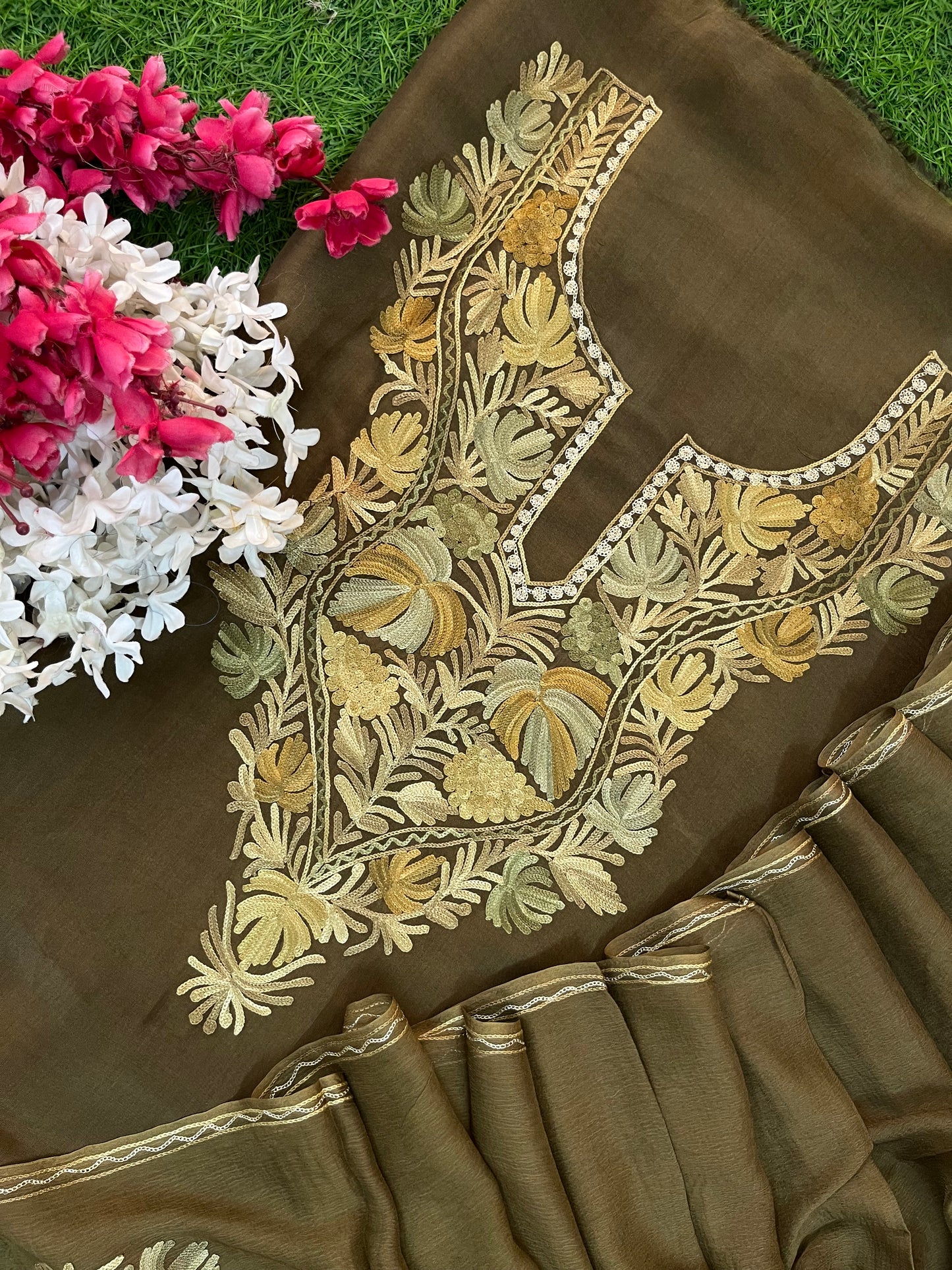 Army Green Opada Silk Kashmiri Suit