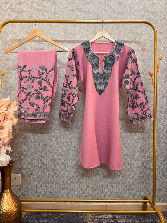 Soft Pink Woollen Kashmiri Co-Ord Set ( Size 38 )