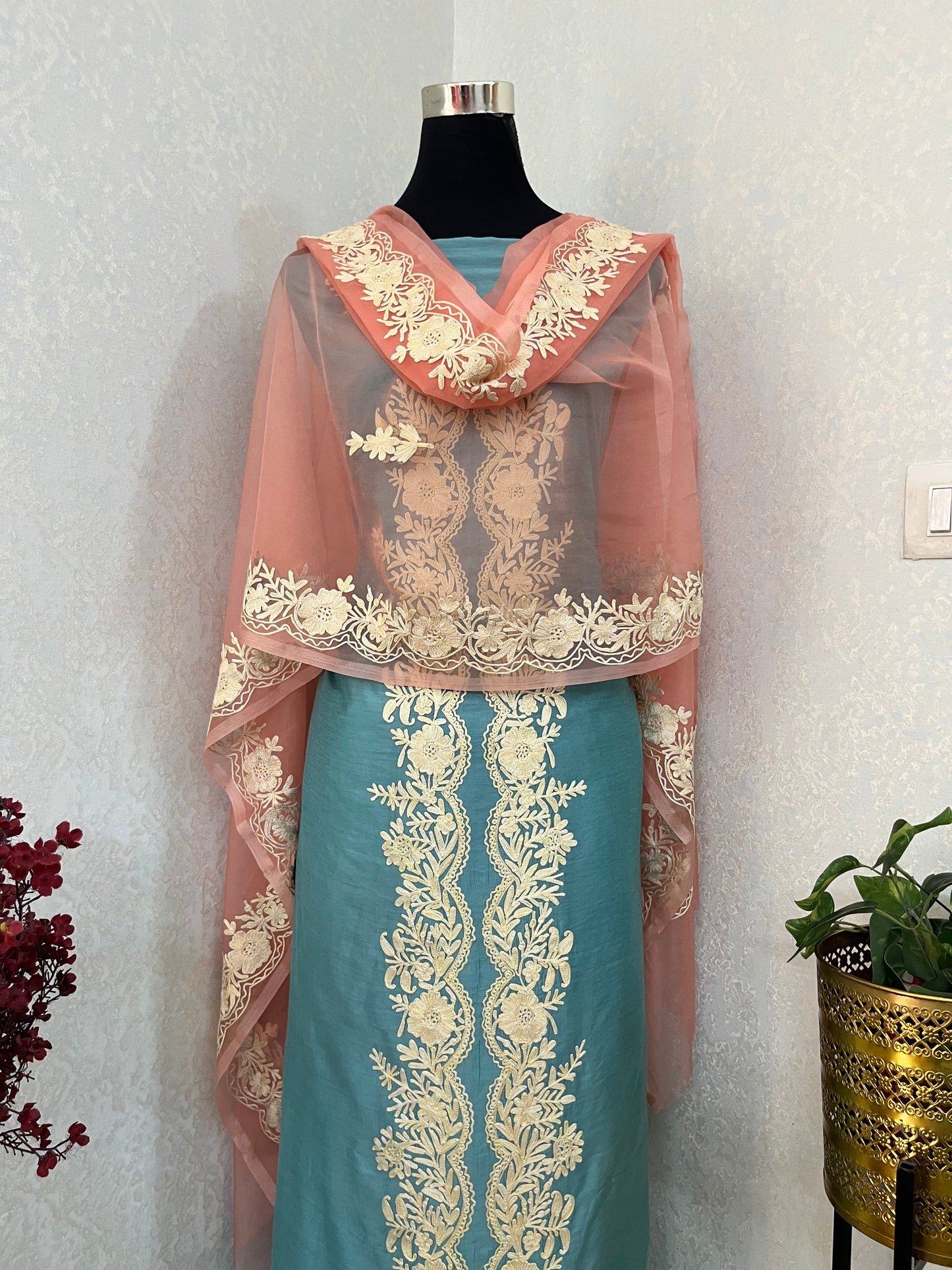 Soft Blue Chanderi Silk Kashmiri Suit