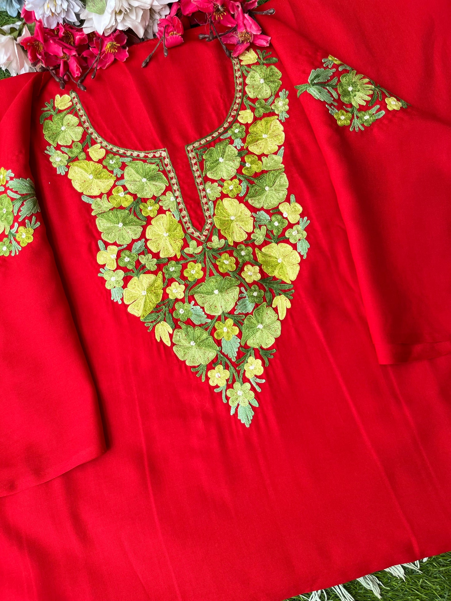 Red Aari Embroidered Cotton Suit Set