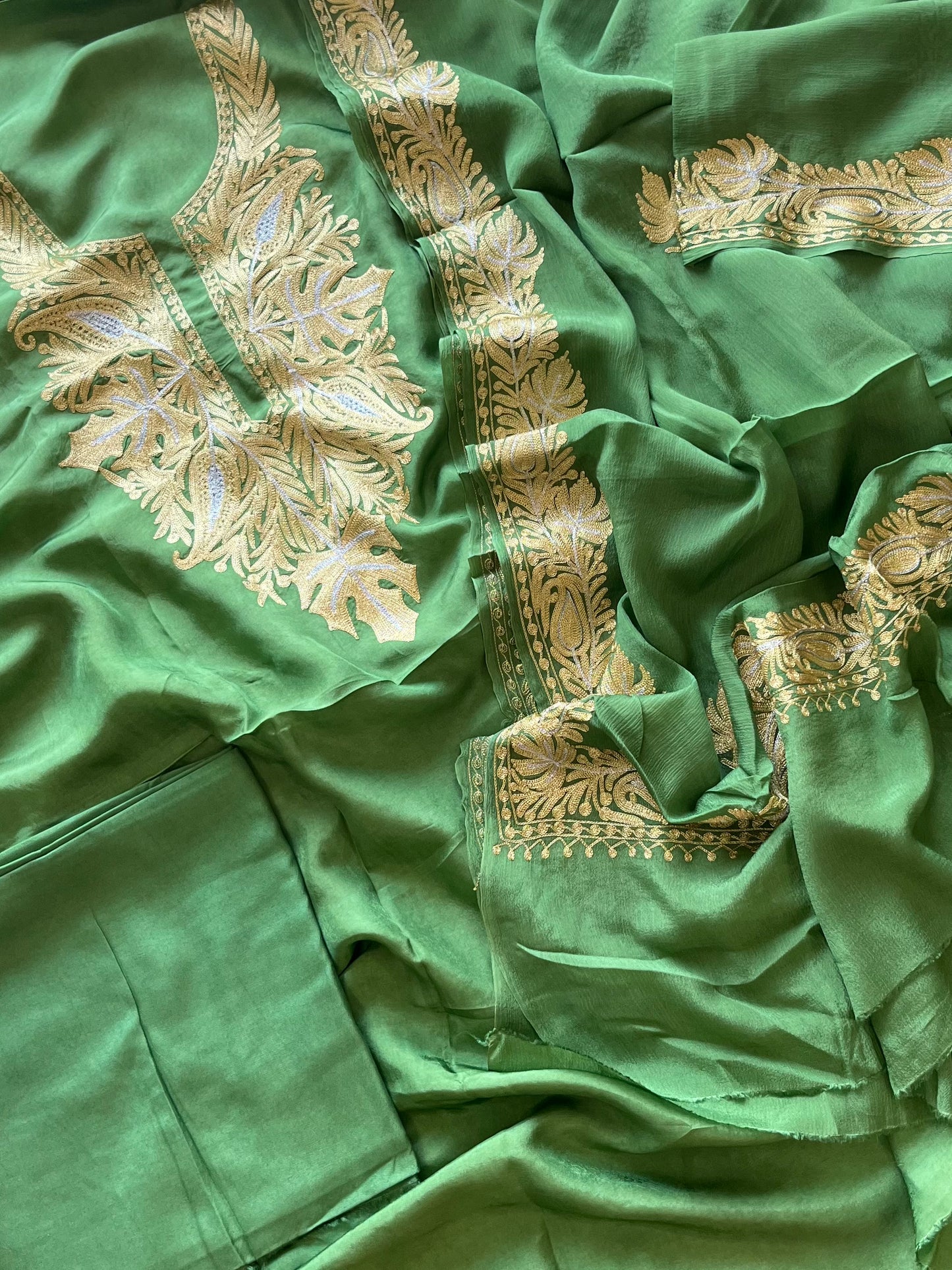 ‘Kalaa’ Lawn Green Opada Silk Tilla Embroidered Suit material (on Order)