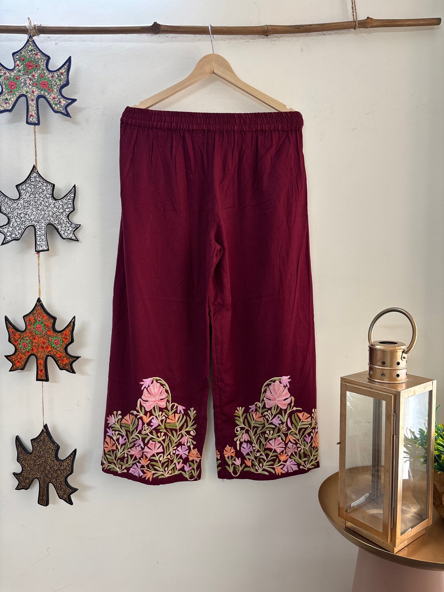 Women Maroon Wide Leg Aari Embroidered Palazzos